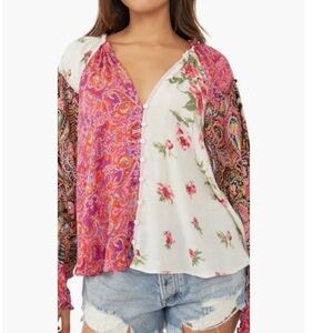 Free People Gemini Patchwork Print Button-Up Blouse in Ivory Combo Size L